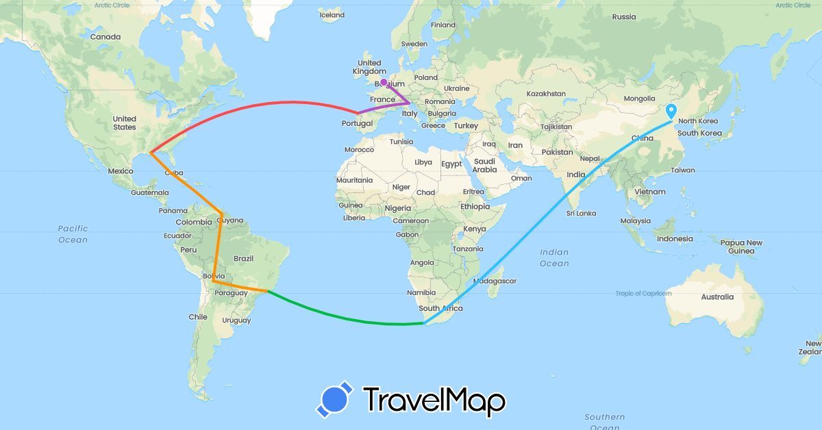 TravelMap itinerary: bus, train, hiking, boat, hitchhiking in Bolivia, Brazil, China, Cuba, Spain, France, Italy, United States, Venezuela, South Africa (Africa, Asia, Europe, North America, South America)